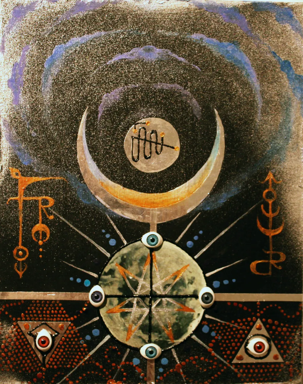A crescent moon and sigils in gold and rust